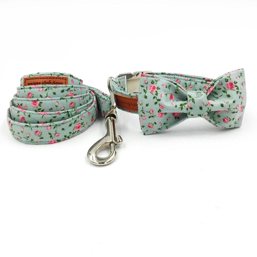 Floral Patterned Dog Collar and Leash Set with Bow Tie
