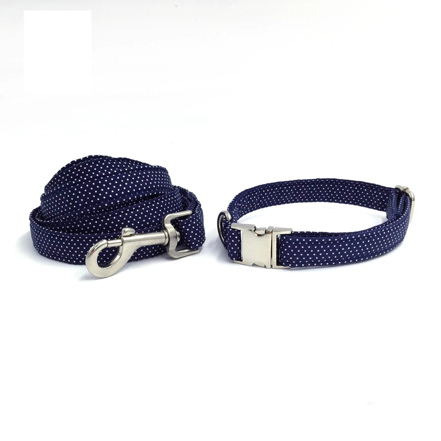 Blue Dog Collar and Lead Set with Bowtie