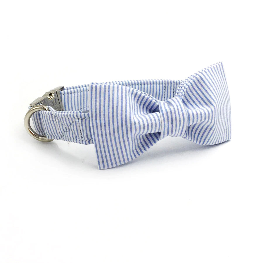 Blue Striped Dog  Collar Set with Bowtie and Leash