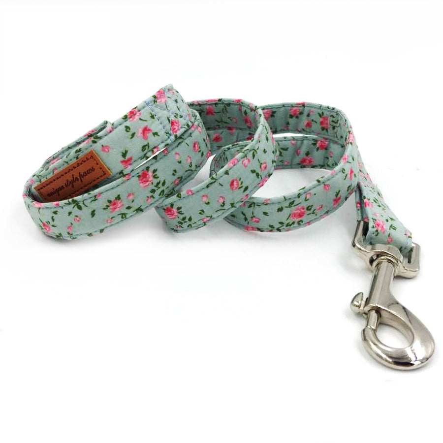 Floral Patterned Dog Collar and Leash Set with Bow Tie