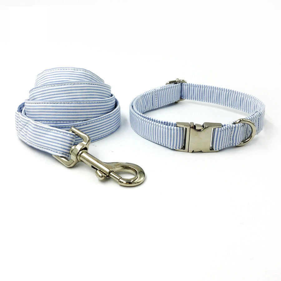 Blue Striped Dog  Collar Set with Bowtie and Leash