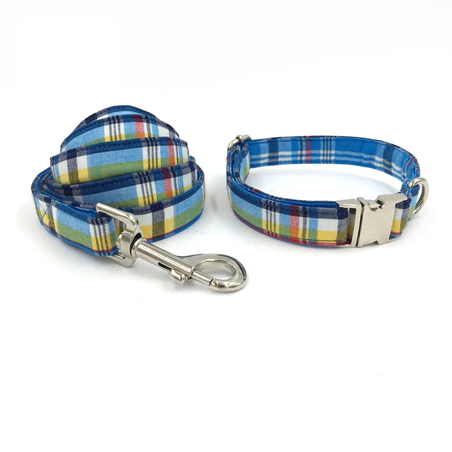 Blue Striped Collar with Bowtie or Set with Leash for Pets
