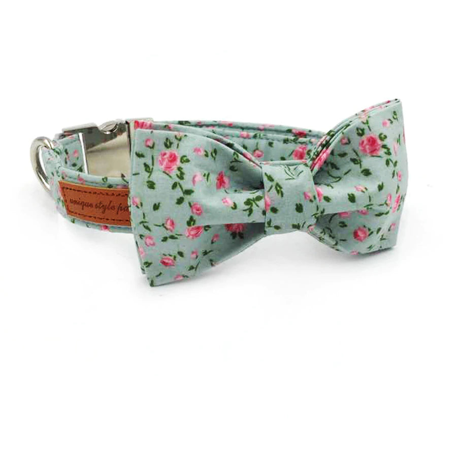 Floral Patterned Dog Collar and Leash Set with Bow Tie