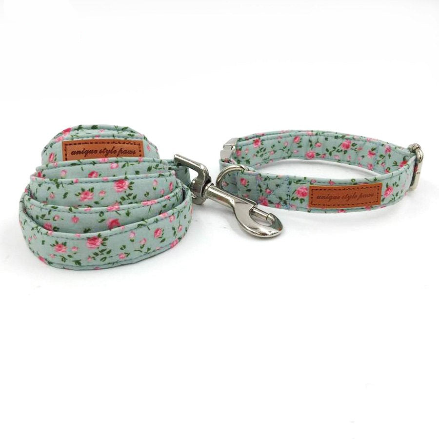 Floral Patterned Dog Collar and Leash Set with Bow Tie
