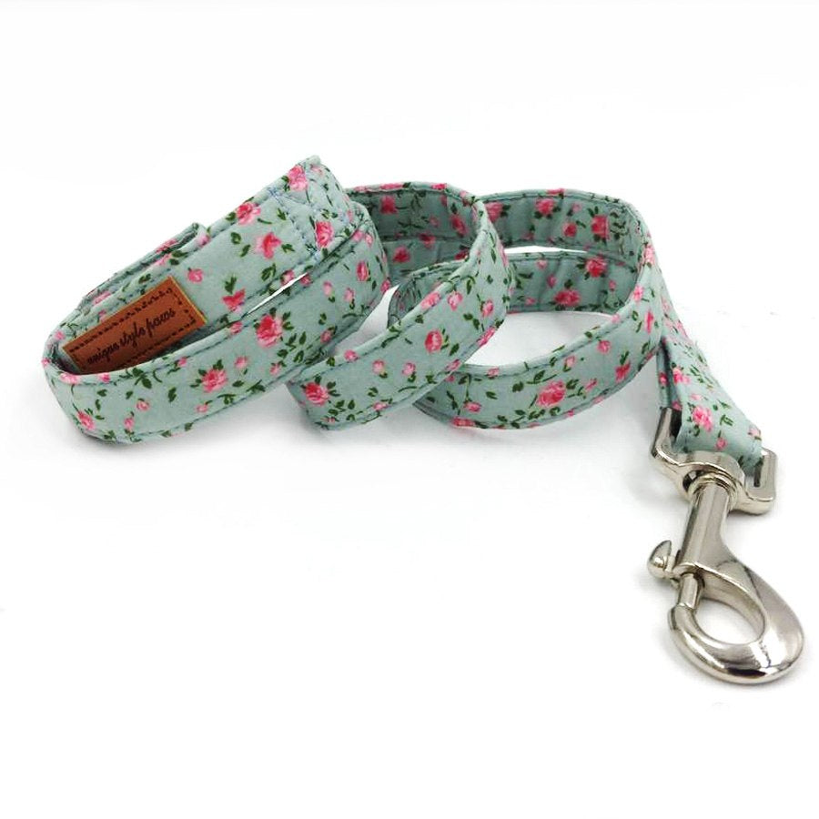 Floral Patterned Dog Collar and Leash Set with Bow Tie
